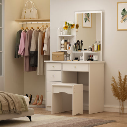 [Elegant Vanity Desk Set] Elegant Vanity Desk Set with Large Mirror, 5 Drawers And Storage Shelves, Makeup Vanity Dressing Table with Cushioned Stool, Strength And Style - 55.1" Tall, 31.5" Wide, Sturdy Design with 70 Lbs Desktop Capacity, Perfect for Mod
