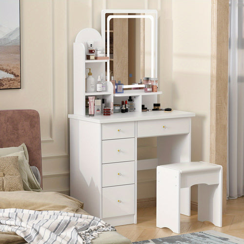 [Elegant Vanity Desk Set] Elegant Vanity Desk Set with Large Mirror, 5 Drawers And Storage Shelves, Makeup Vanity Dressing Table with Cushioned Stool, Strength And Style - 55.1" Tall, 31.5" Wide, Sturdy Design with 70 Lbs Desktop Capacity, Perfect for Mod