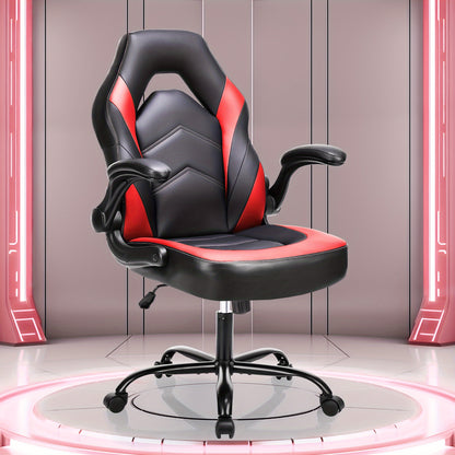 Ergonomic Gaming Chair | High Back, Flip-up Armrest, Wheeled, Height Adjustable 360°-Swivel, Sponge Filled, Solid Back Style, Synthetic Faux Leather, Lumbar Support, Manual Recliner, Wipe Clean - ANTONIA