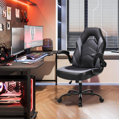 Ergonomic Gaming Chair | High Back, Flip-up Armrest, Wheeled, Height Adjustable 360°-Swivel, Sponge Filled, Solid Back Style, Synthetic Faux Leather, Lumbar Support, Manual Recliner, Wipe Clean - ANTONIA