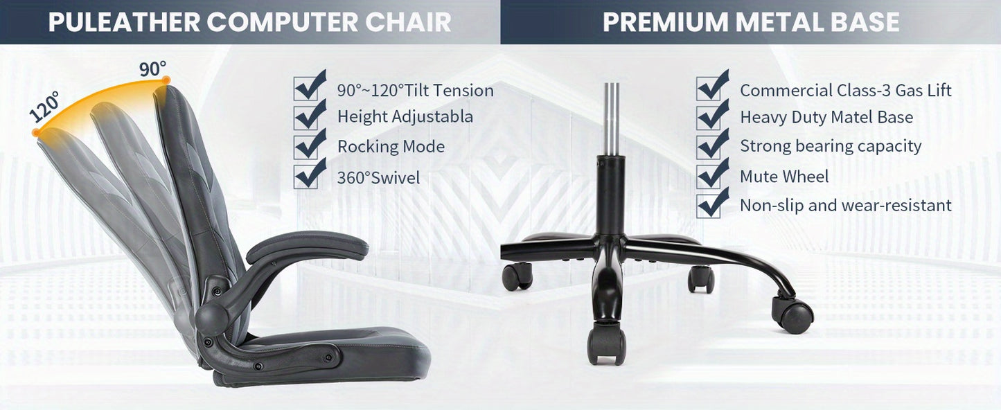 Ergonomic Gaming Chair | High Back, Flip-up Armrest, Wheeled, Height Adjustable 360°-Swivel, Sponge Filled, Solid Back Style, Synthetic Faux Leather, Lumbar Support, Manual Recliner, Wipe Clean - ANTONIA