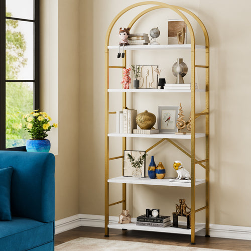 Sunlei 5-Tier Bookshelf with Arched Design, Tall Metal Frame Display Racks for Farmhouse Style Storage, Grey Book Shelf Ideal for Bedroom, Living Room, Or Home Office