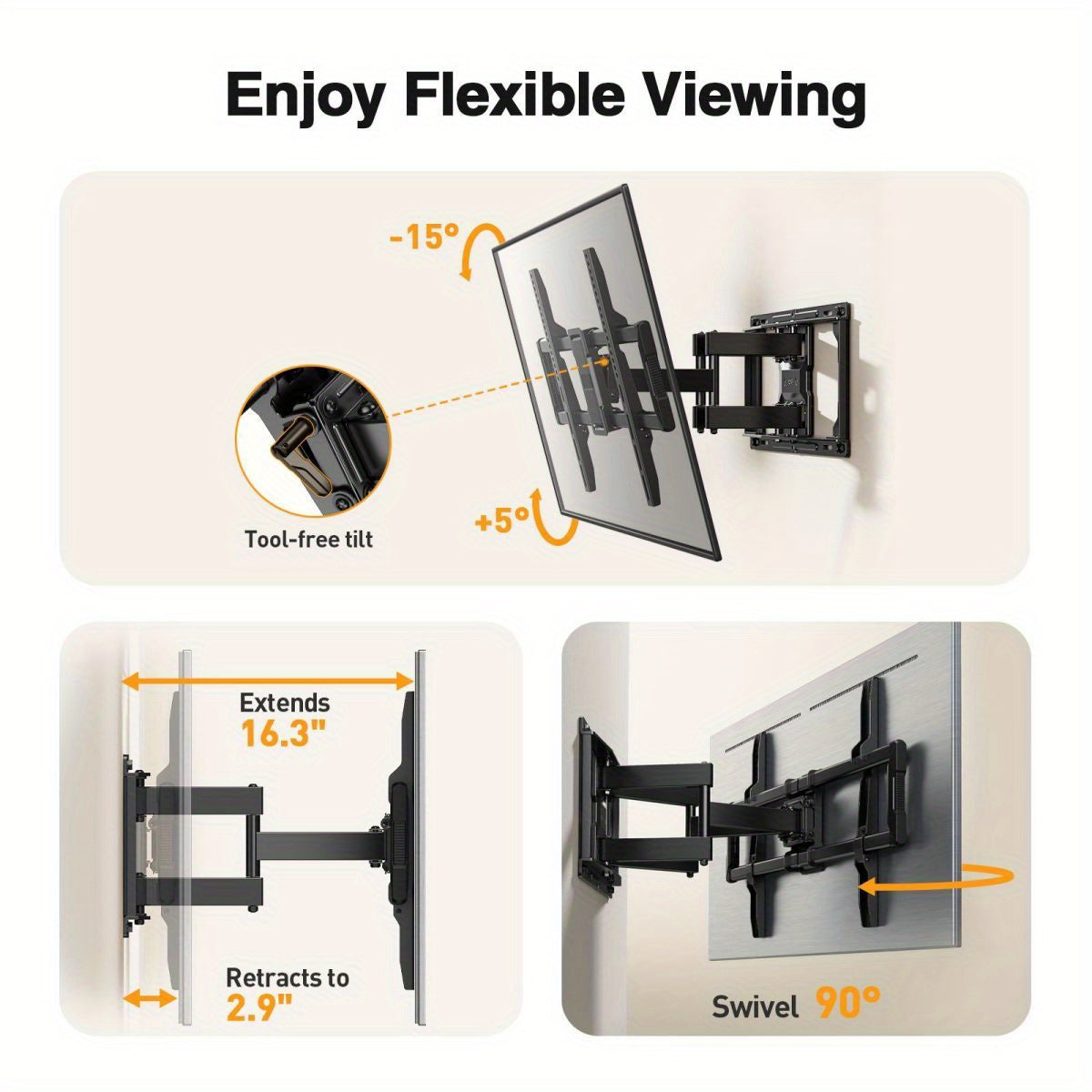 Heavy-Duty Full Motion TV Wall Mount for 40-86 Inch TVs up to 132 lbs, Full Motion TV Bracket with Tool-Free Tilt, Swivel & Extension, Compatible with 12"/16" Wood Studs, VESA 600x400mm, Space-Saving Design for Living Room, Home Theater, Office - Easy Ins