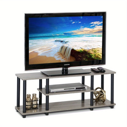 No Tools 3D 3-Tier Entertainment TV Stand for Up to 50 Inch TV, Round Tubes, French Oak Grey/Black, Wooden Display Rack, Console Table with Storage Shelves, Modern Living Room Furniture