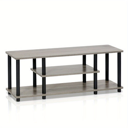 No Tools 3D 3-Tier Entertainment TV Stand for Up to 50 Inch TV, Round Tubes, French Oak Grey/Black, Wooden Display Rack, Console Table with Storage Shelves, Modern Living Room Furniture