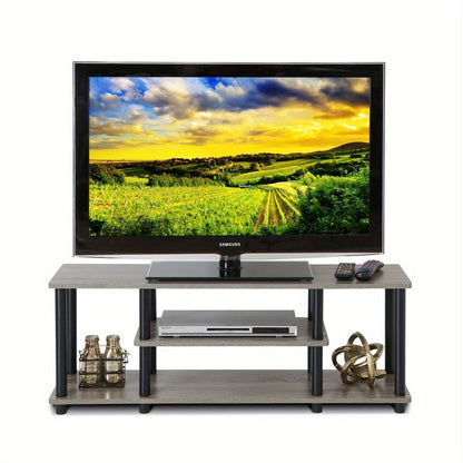 No Tools 3D 3-Tier Entertainment TV Stand for Up to 50 Inch TV, Round Tubes, French Oak Grey/Black, Wooden Display Rack, Console Table with Storage Shelves, Modern Living Room Furniture