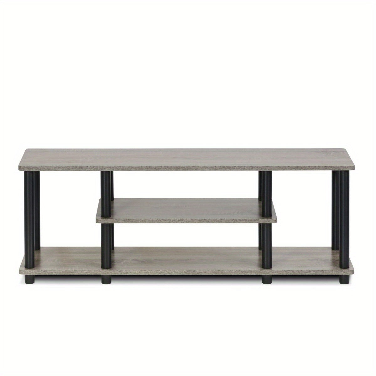 No Tools 3D 3-Tier Entertainment TV Stand for Up to 50 Inch TV, Round Tubes, French Oak Grey/Black, Wooden Display Rack, Console Table with Storage Shelves, Modern Living Room Furniture