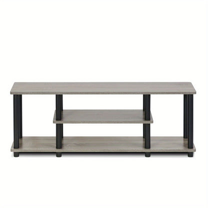 No Tools 3D 3-Tier Entertainment TV Stand for Up to 50 Inch TV, Round Tubes, French Oak Grey/Black, Wooden Display Rack, Console Table with Storage Shelves, Modern Living Room Furniture