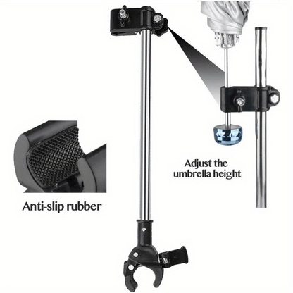 [Outdoor Use] 1pc Adjustable Umbrella Stand Bracket with No-Wrench Installation & -Free Clip- Umbrella Holder - Heavy-Duty for Wheelchairs, Walkers, Strollers (Compatible with Wheeled Walkers, Bicycles, Baby Carriages) - Outdoor Use