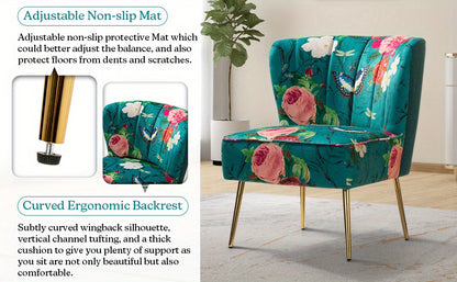 Accent Chair with Golden Metal Legs, Comfy Tufted Wingback Living Room Chair Floral Fabric Small Armless Side Chair, Upholstered Slipper Chair for Bedroom, Stadium Seats for Sports Fields, Sport Event, Reading Room (Flower Print)