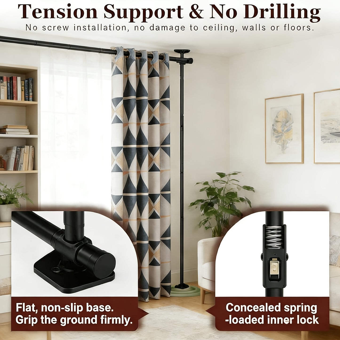 Room Divider for Room Separation, Tension Curtain Rods No Drilling, 4-10Ft(H) 28-114Inch(W) Adjustable Temporary Privacy Wall Divider, Heavy Duty Freestanding Space Partition Separator, Black, White