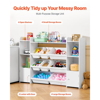 VEVOR 4-Tier Kids Toy Storage and Bookshelf with 8 Flexible Plastic Bins White 44-48inch/54-58inch