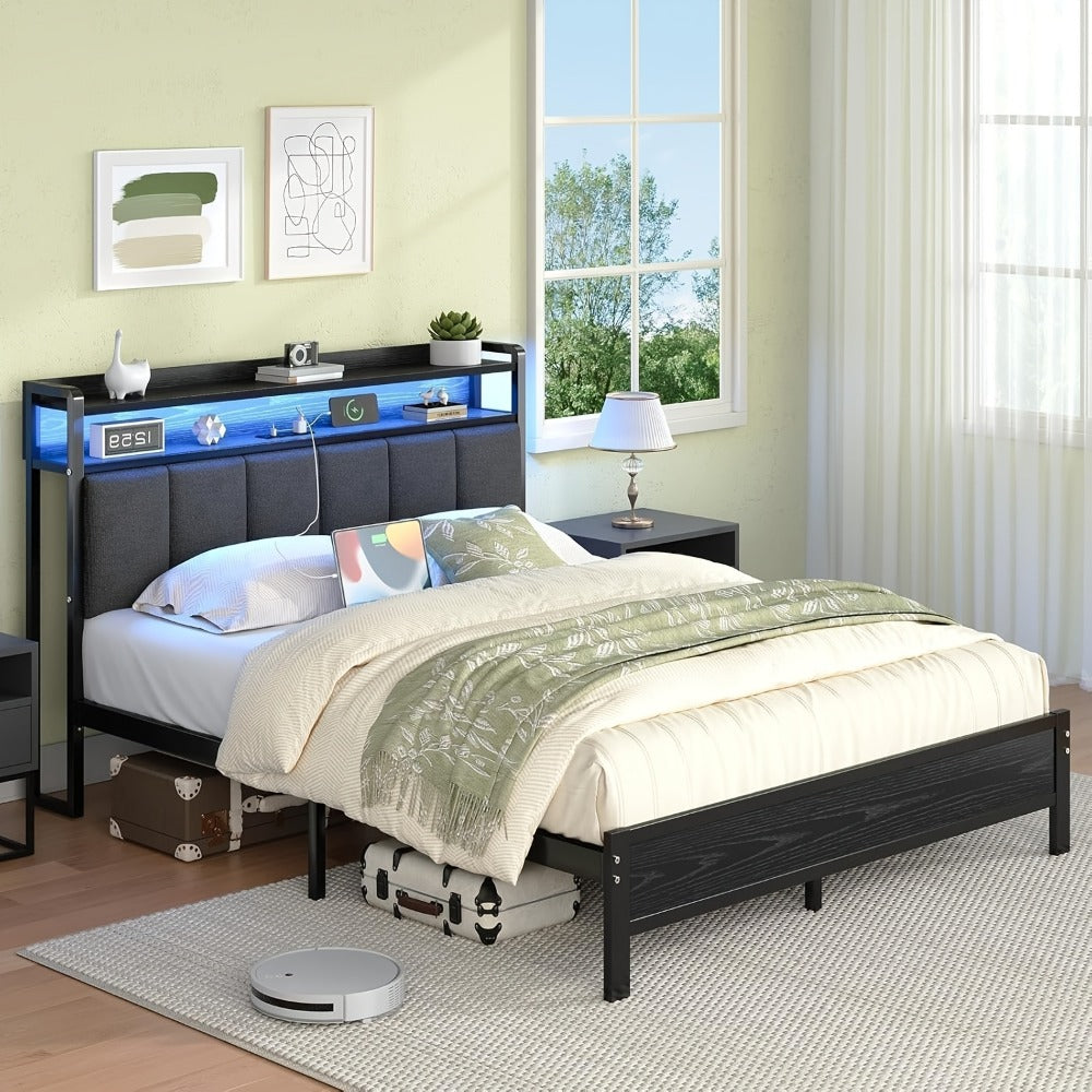 Bed Frame with Storage Headboard LED Lights and Charging Station Twin Full Queen King Heavy Duty Metal Slatted Base No Box Spring White Grey Cream