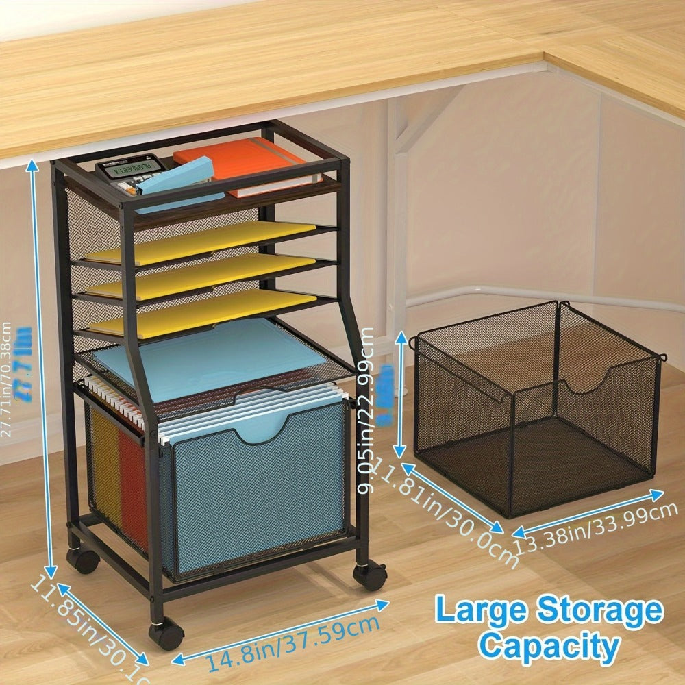 Rolling File Cart with Drawer for Hanging File Folders – Under Desk Office Cart with Paper Trays, Wood & Mesh 3-in-1 File Organizer, 14.8"L x 11.8"D x 27.7"H