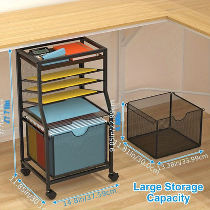 Rolling File Cart with Drawer for Hanging File Folders – Under Desk Office Cart with Paper Trays, Wood & Mesh 3-in-1 File Organizer, 14.8"L x 11.8"D x 27.7"H