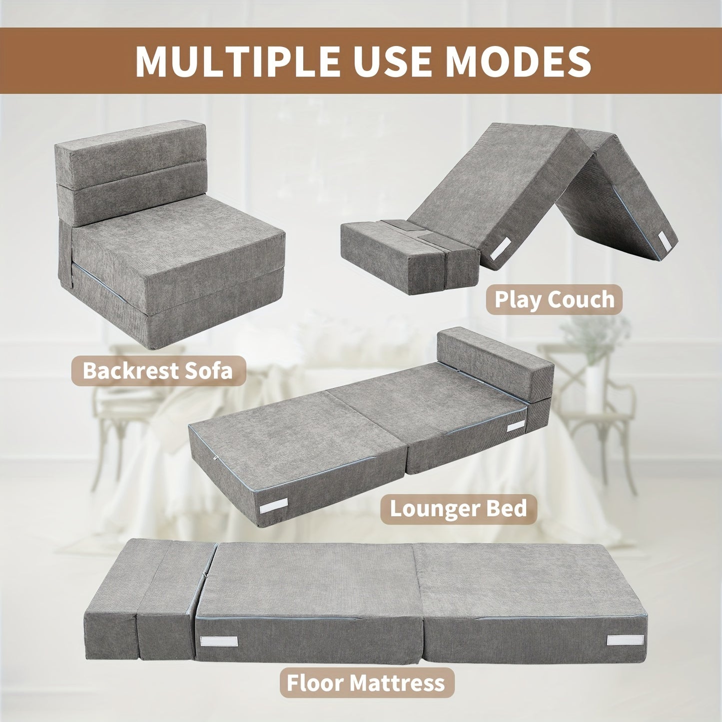 LILYPELLE Tri-Fold Sponge Mattress, Portable Folding Mattress, Convertible Chair Floor Sofa and Sleeping Mattress, Suitable for Floor, Camping, 63"×25.6"×6