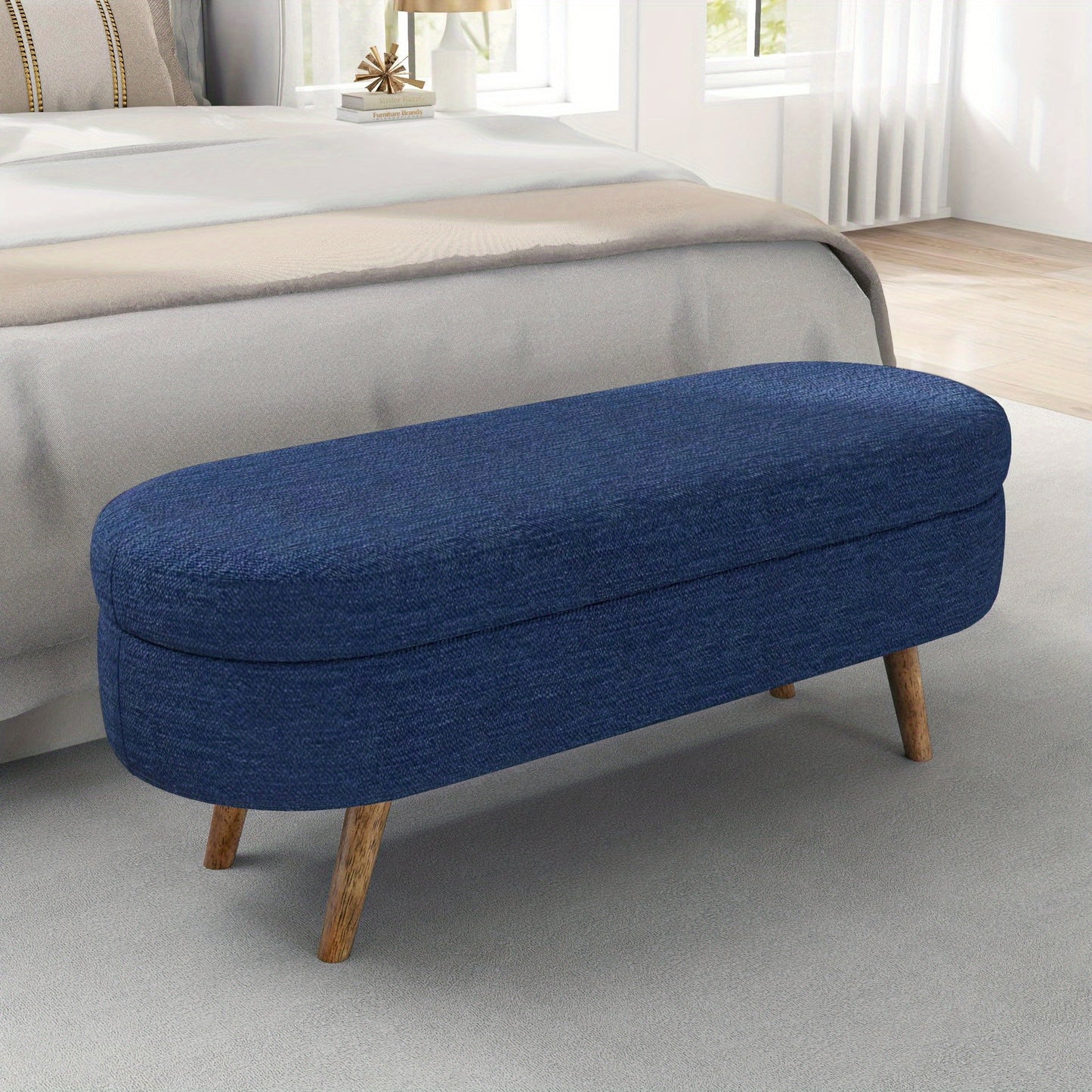 Upholstered Storage Ottoman Bench with Solid Wood Legs, Fabric Padded Footstool & Entryway Bench with Hidden Storage, 43.5" Bedroom Living Room Hallway Bench, 250 lb Capacity, 8 Colors