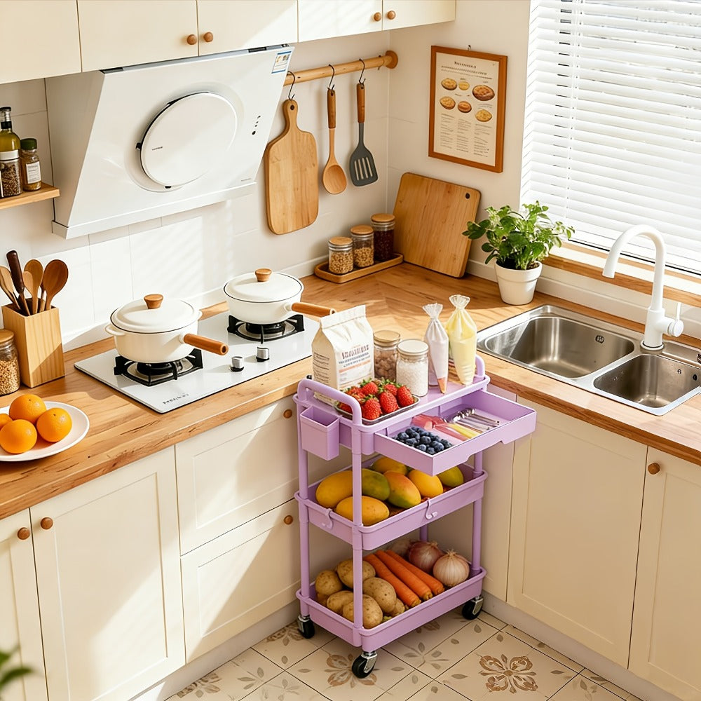 Rolling Storage Cart with Drawers 3 or 4 Tier Plastic Organizer Lockable Wheels Cup Holder Hooks for Kitchen Bathroom Living Room Bedroom Purple Black Blue Green Grey Pink White