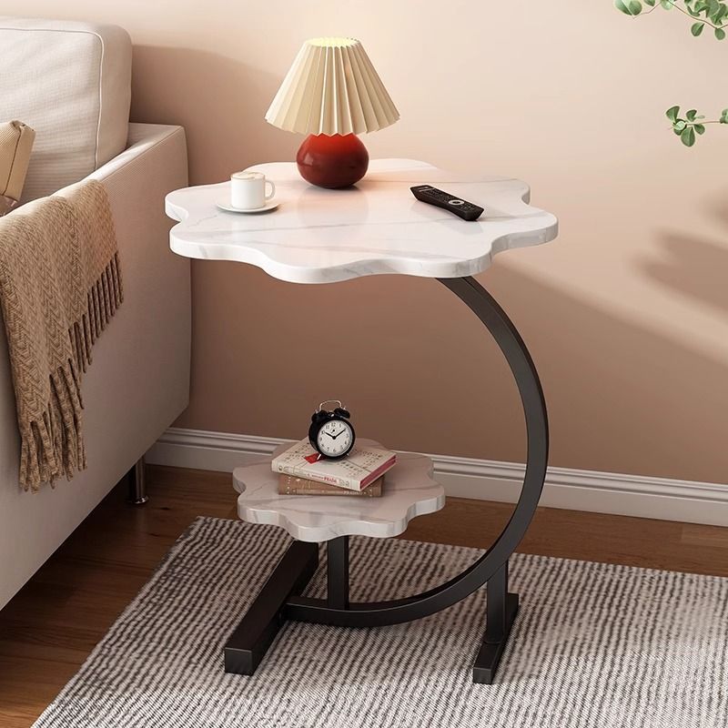 Double-layer petal-shaped side table with metal frame, multi-purpose portable coffee table suitable for sofa end in living room, fiberboard structure, applicable to various models