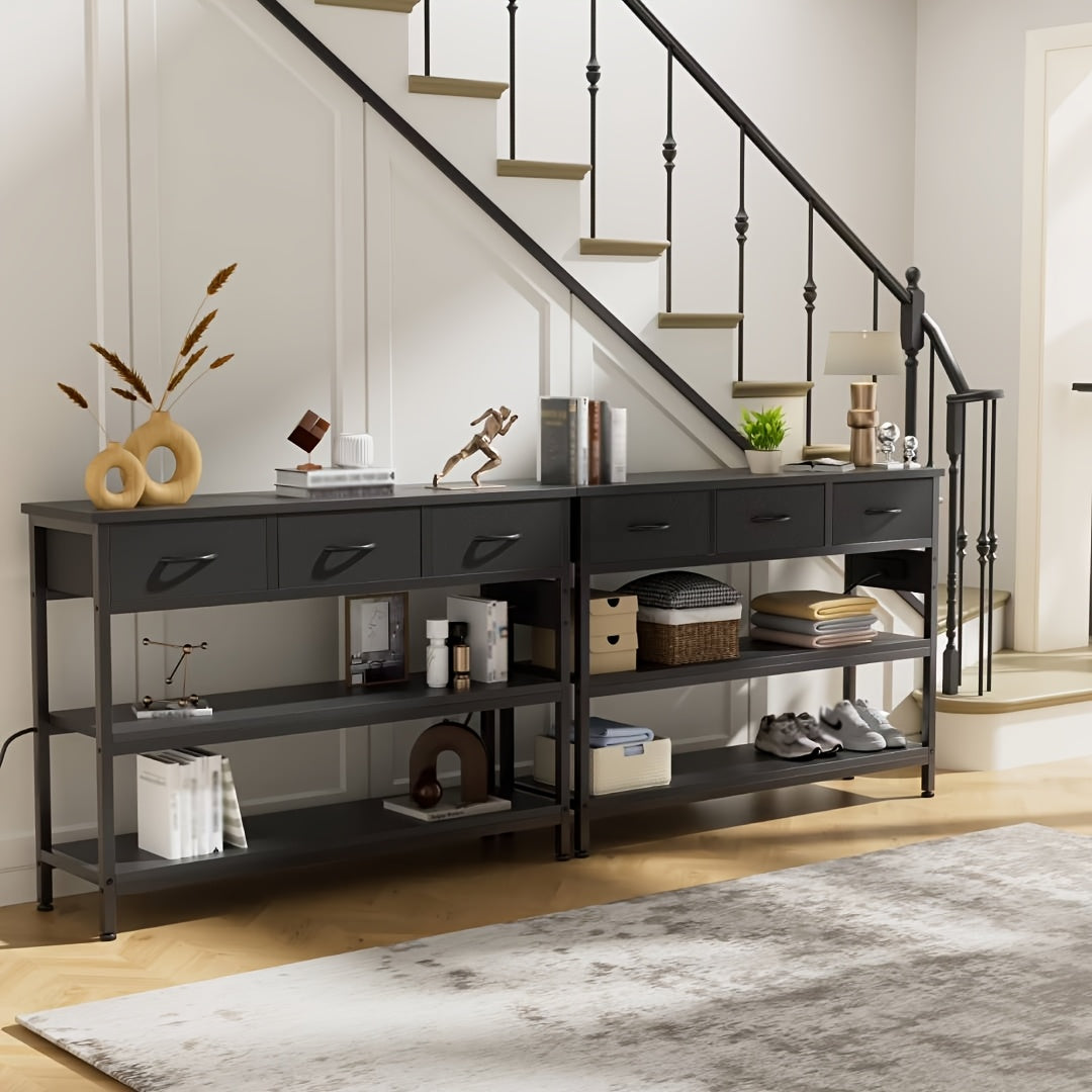 3-Tier Console Table with Charging Station, Entryway Table with Storage Drawers And Open Shelves, Narrow Sofa Table with USB Ports And Outlets, Adjustable Feet, And Modern Design for Hallways, Living Rooms, And Small Spaces