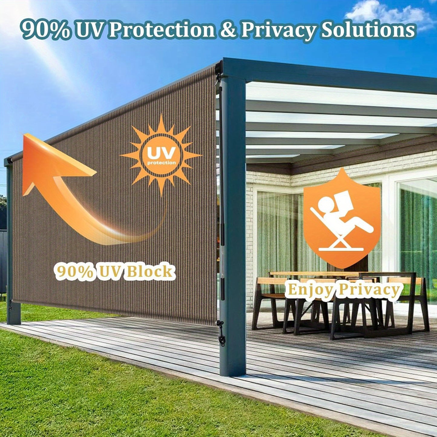 Outdoor Roller Shades with Splicing Design, Cordless Patio Roll Up Blinds, Exterior Shade Cloth Roll Shade for Patio