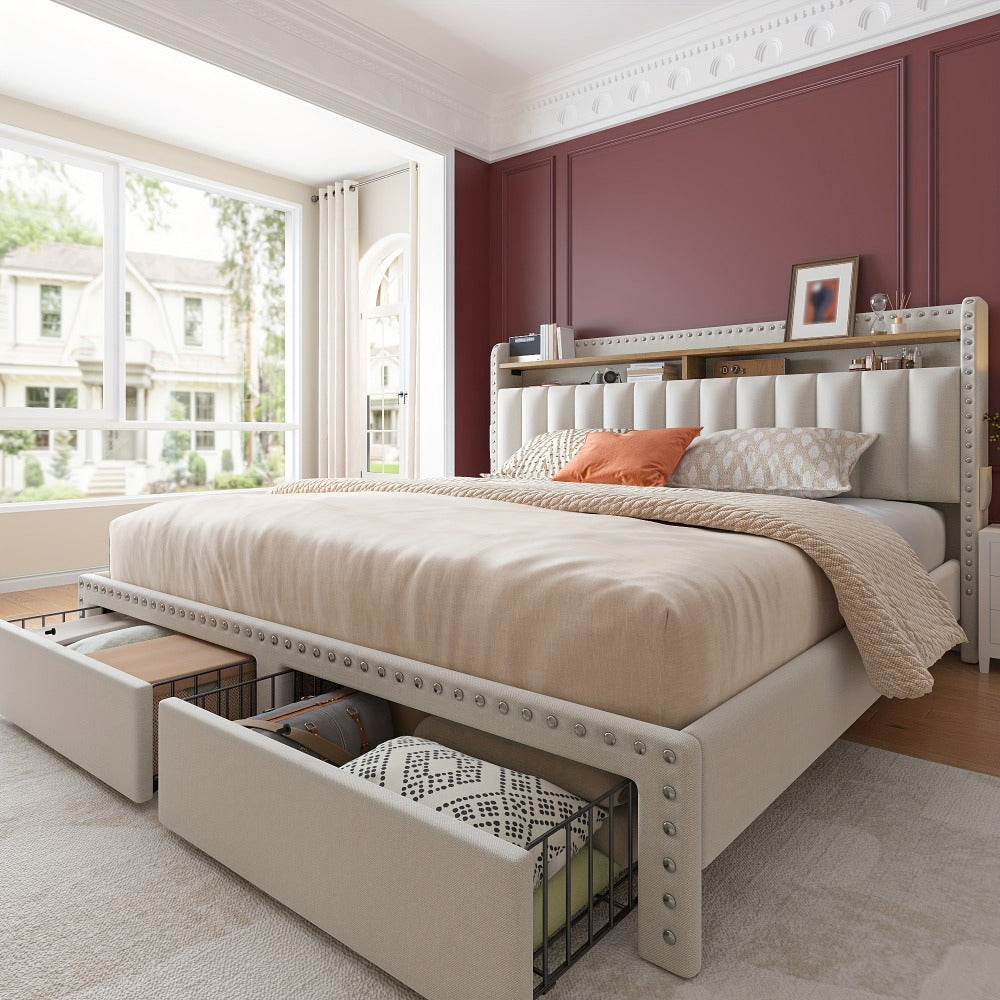 King Size Upholstered Bed Frame with Storage 2 Drawers 2-Tier Headboard Wood Slats No Box Spring Noise-Free Easy Assembly Modern Grey Beige