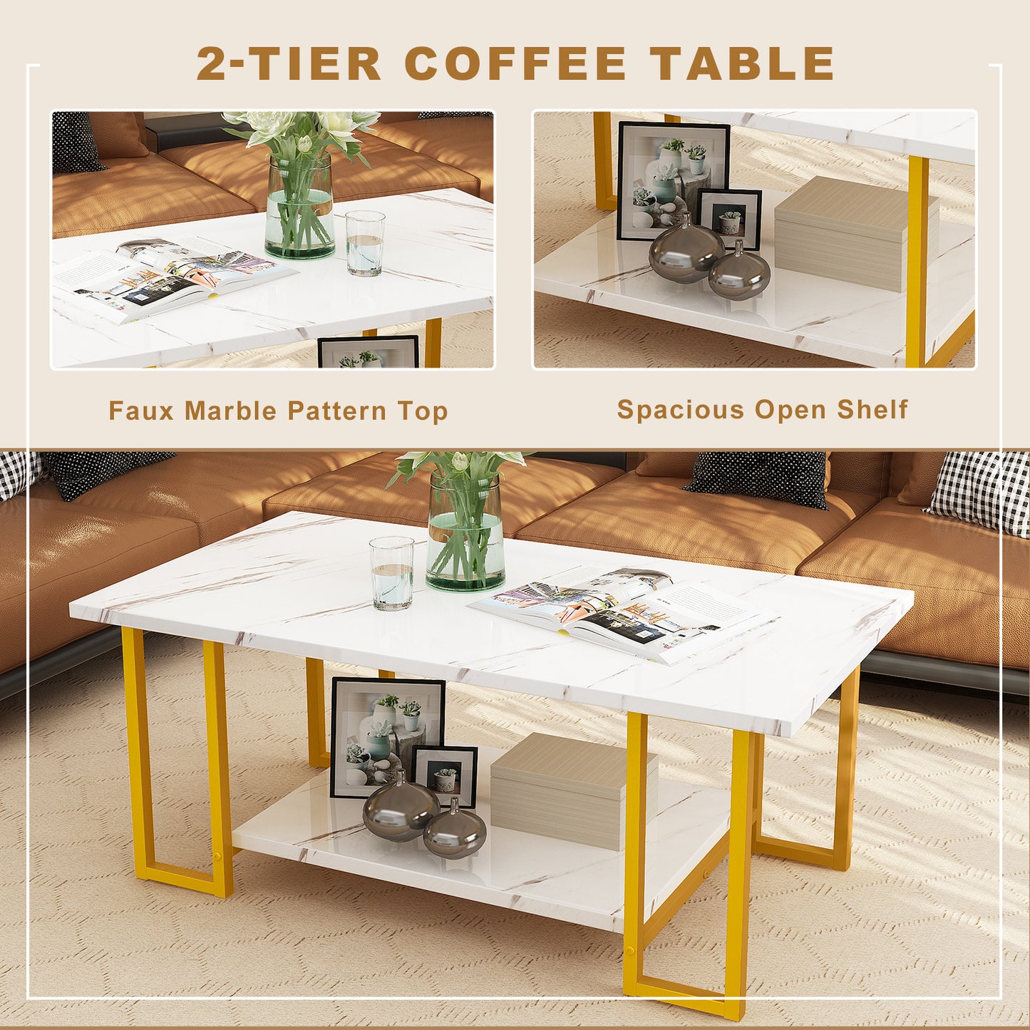 LTTROMAT Modern Coffee Table for Living Room, Faux Marble 2-Tier Coffee Table with MDF Broad & Metal Frame, Farmhouse Style Rectangular Center Table for Small Space, Space Saving Tea Table for Bedroom, Kitchen, Office