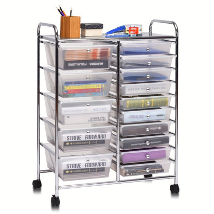 15-Drawer Rolling Storage Cart with Locking Wheels, Steel Frame & Multicolor Opaque Plastic Drawers, Space-Saving Organizer for Home Office Kitchen Bathroom, 5 Large & 10 Small Drawers