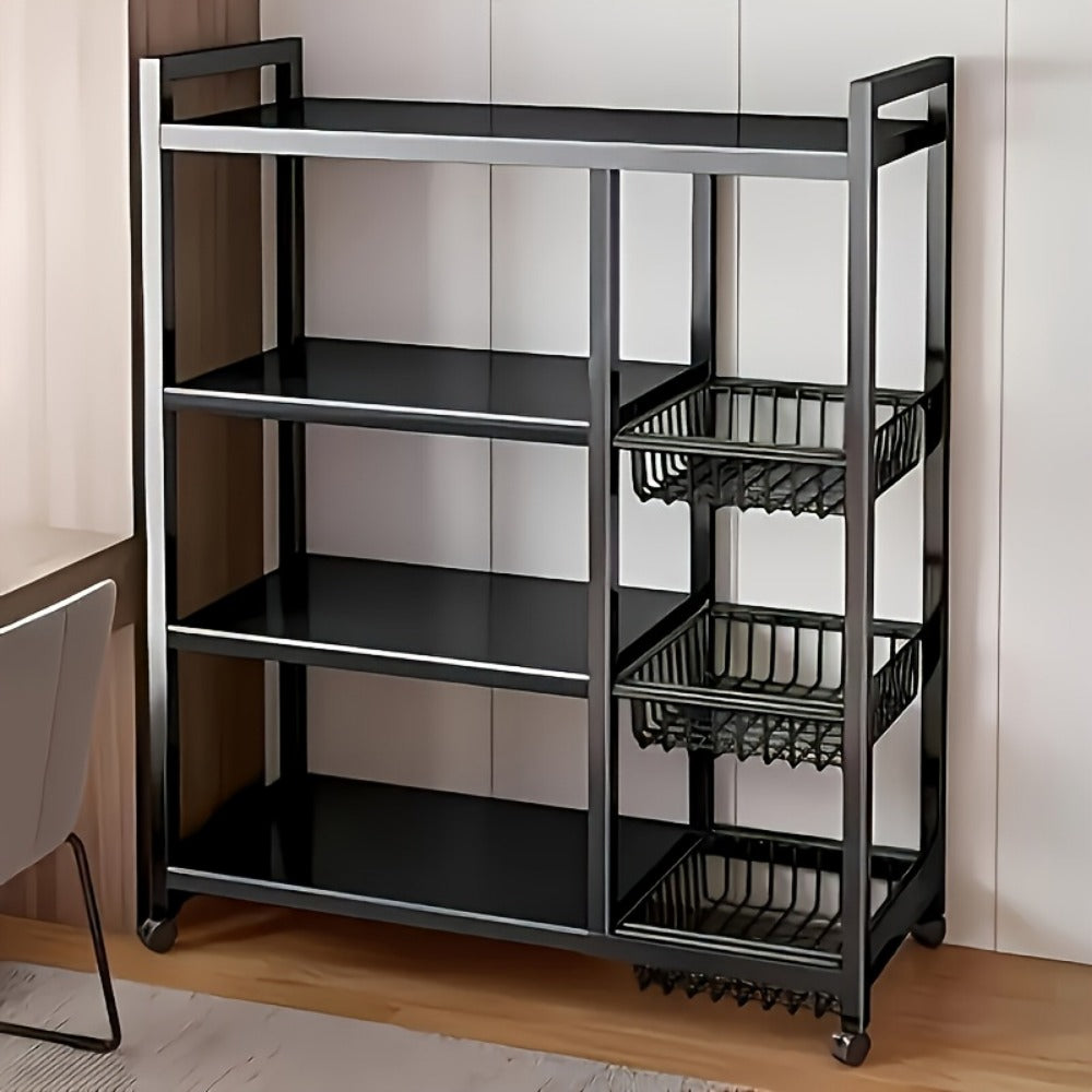 Rolling Metal Storage Rack with Wire Baskets, Adjustable Mobile Kitchen Storage Cart on Wheels, Multifunctional Food & Pantry Organizer for Kitchen, Bathroom & Pantry, Space-Saving Design