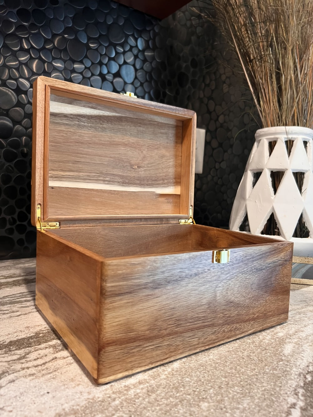 Acacia Wood Keepsake Box with Hinged Lid & Latch | 10.6x7x4" Memory Storage Box for Photos, Jewelry, Collectibles | Decorative Wooden Gift Box for Birthdays, Weddings, Christmas
