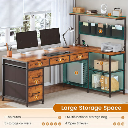 L Shaped Office Desk with LED Lights, 47.2" Reversible Small Computer Desk with 5 Drawers and Storage Shelves, Home Office Corner Desk