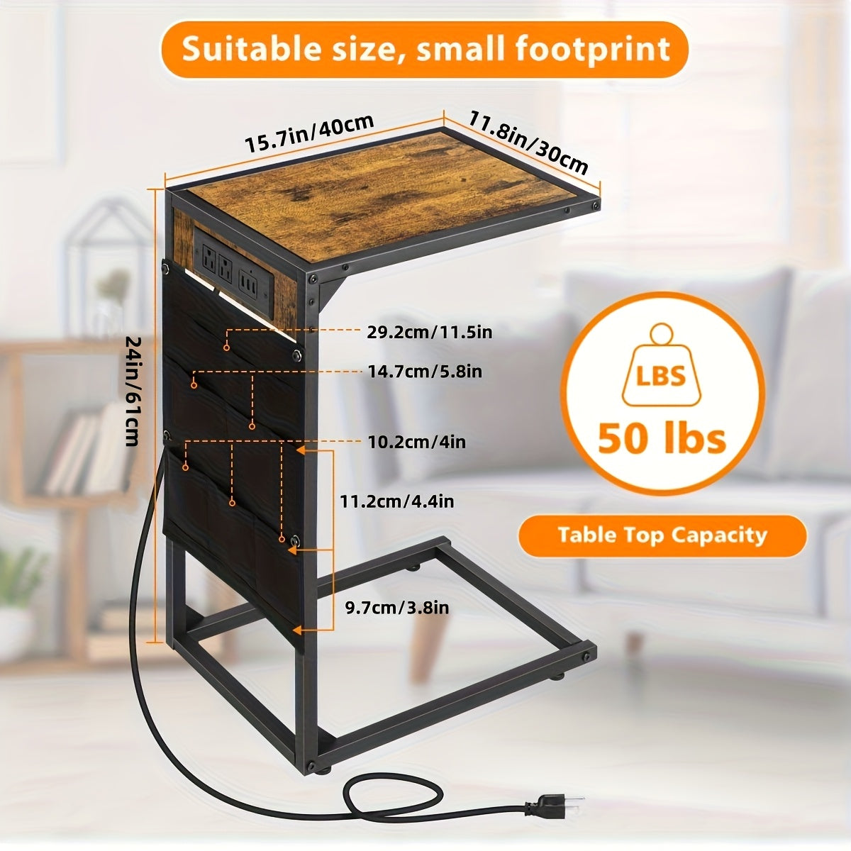 1pc/2pcs C Shaped End Table, 50LBS Capacity, Desktop Storage, Removable Table, Coffee Table Slides Under Sofa, Snack Table, Ideal for Home, Living Room, Sofa, Bedroom, Multifunctional Table, with or Without Charging Station & Storage Bag Options