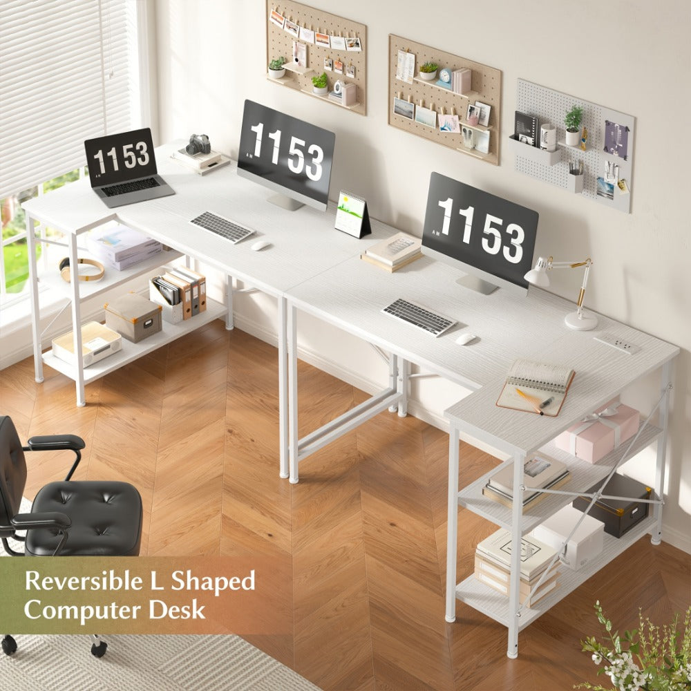 L-Shaped Computer Desk with Power Outlets and Storage Shelves, Corner Gaming Desk for Home Office Bedroom Dorm, Wood Metal Writing Study Desk with Monitor Stand in 3 Colors 4 Sizes