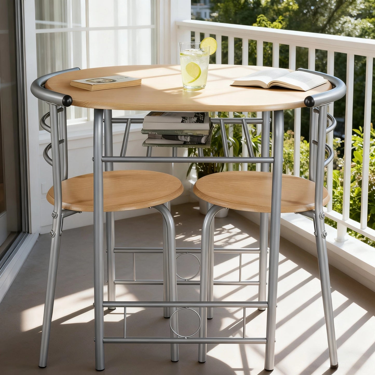 Costoffs 3-Piece Modern Round Dining Table Set for 2 - Breakfast Table Space-Saving Compact Table & 2 Chairs with Steel Legs & Storage Rack for Restaurant/Home/Kitchen