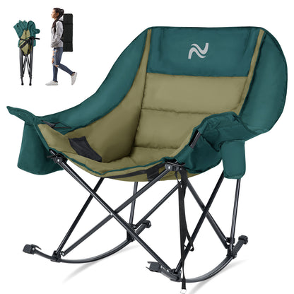 Oversized Rocking Camping Chair, Fully Padded Patio Chair with Cooler Bag and Side Pocket, High Back Portable Lawn Recliner Rocker Chairs for Camp, Patio, Supports 400 lbs