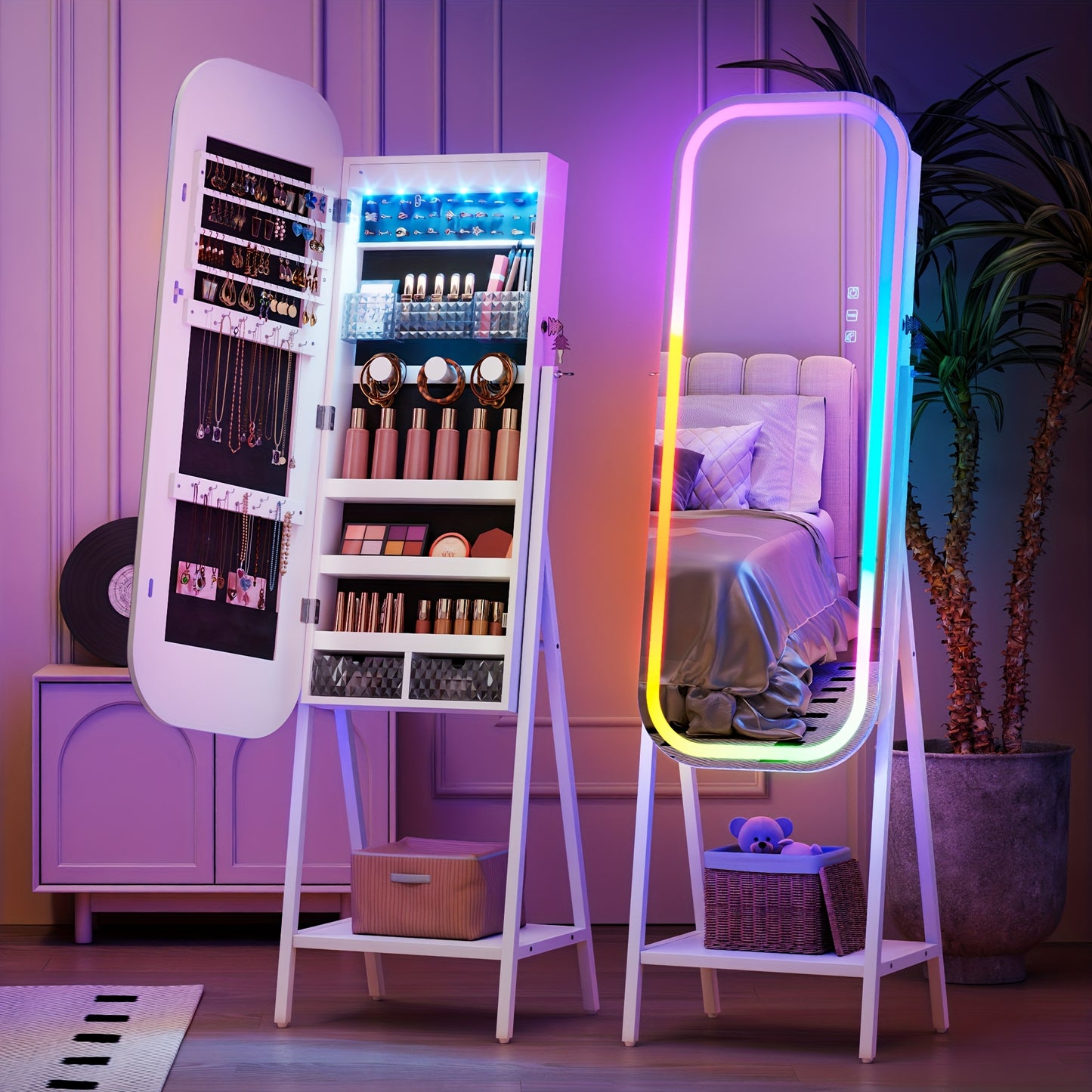 LED Jewelry Cabinet with Mirror - Lockable Arched Storage Organizer for Necklaces And Rings, Hanging Or Floor Standing