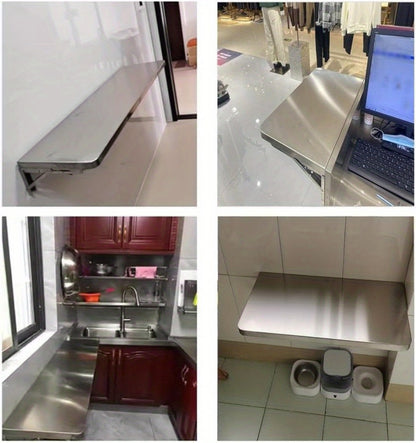 Wall Mounted Folding Table 304 Stainless Steel, Foldable Wall Shelf for Kitchen Bathroom Balcony Laundry Living Room, Space Saving Fold Down Work Surface