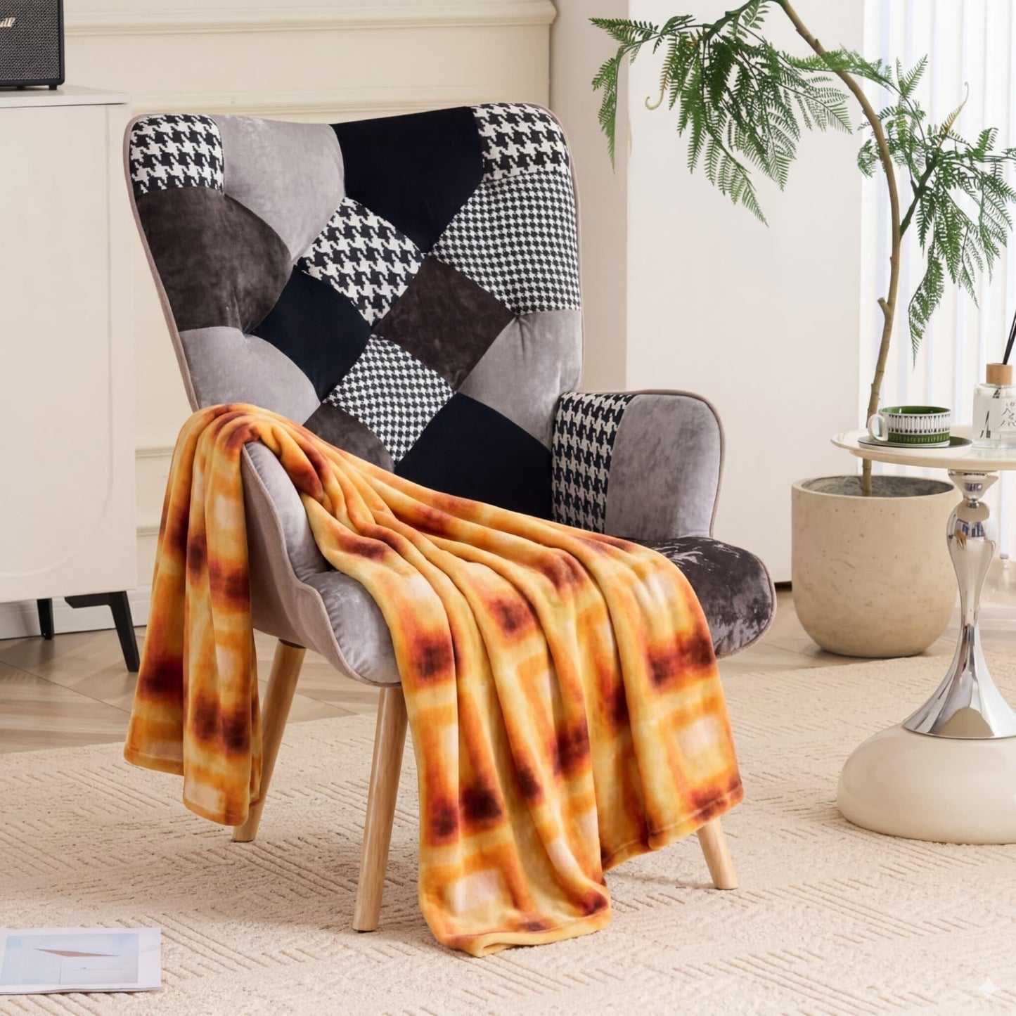 Patchwork Accent Chair High Back Armchair with Memory Foam Cushion & Hardwood Legs – 330 lbs Capacity Linen Upholstered Reading Chair for Living Room Bedroom Home Office, 6 Colors