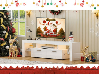 71" High Gloss White TV Stand with LED Lights for 55/65/75/80 Inch TVs, Gaming Entertainment Center with Cabinet for PS5, Modern Media Console Table with Glass Shelves for Living Room, Game Room, Bedroom