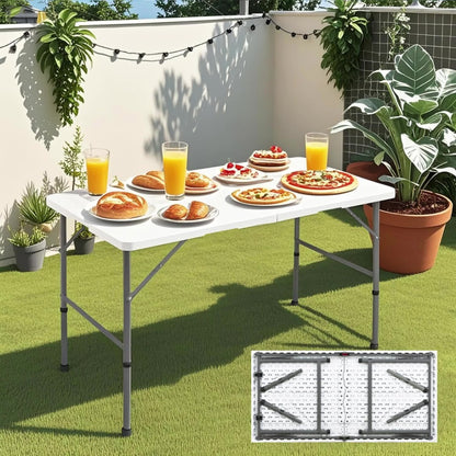 Folding Table 2.5/4/6 FT Portable Heavy Duty Plastic Fold-in-Half Utility Table, Adjustable Height with Carrying Handle for Indoor Outdoor Camping Party Picnic Dining, White & Black