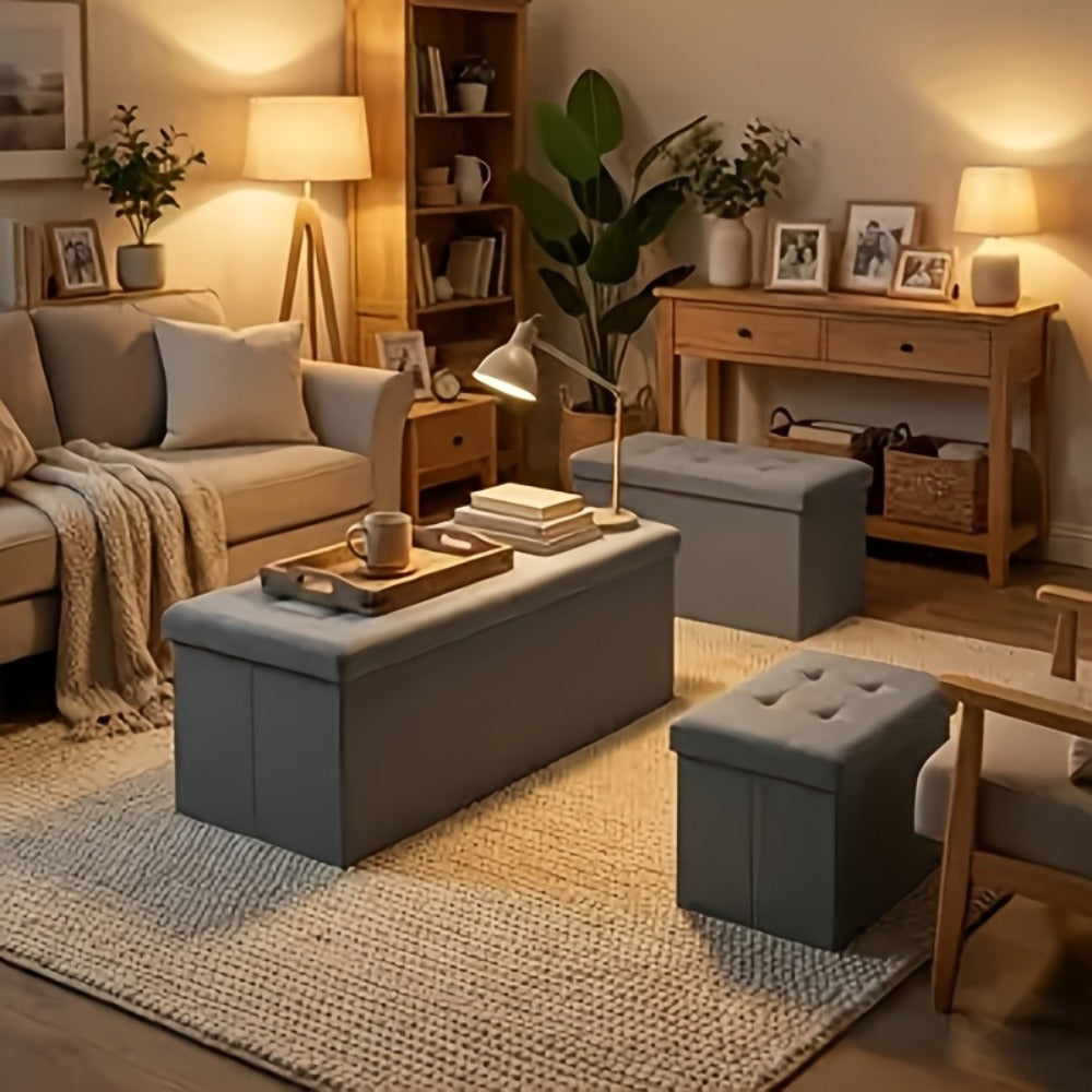 Folding Storage Ottoman Footstool Bench with Seat Cushion Waterproof Easy-Clean Surface, Heavy Duty Multifunctional Organizer for Living Room Bedroom Patio Garden, Medium Large Extra Large Grey