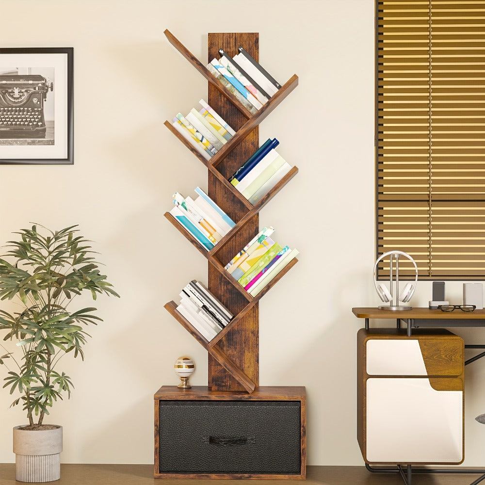 6-Tier Tree Shaped Bookshelf with Drawer – Rustic Brown Wood Book Storage Shelf for Living Room, Bedroom & Home Decor, Freestanding Display Organizer for Books, CDs & Movies