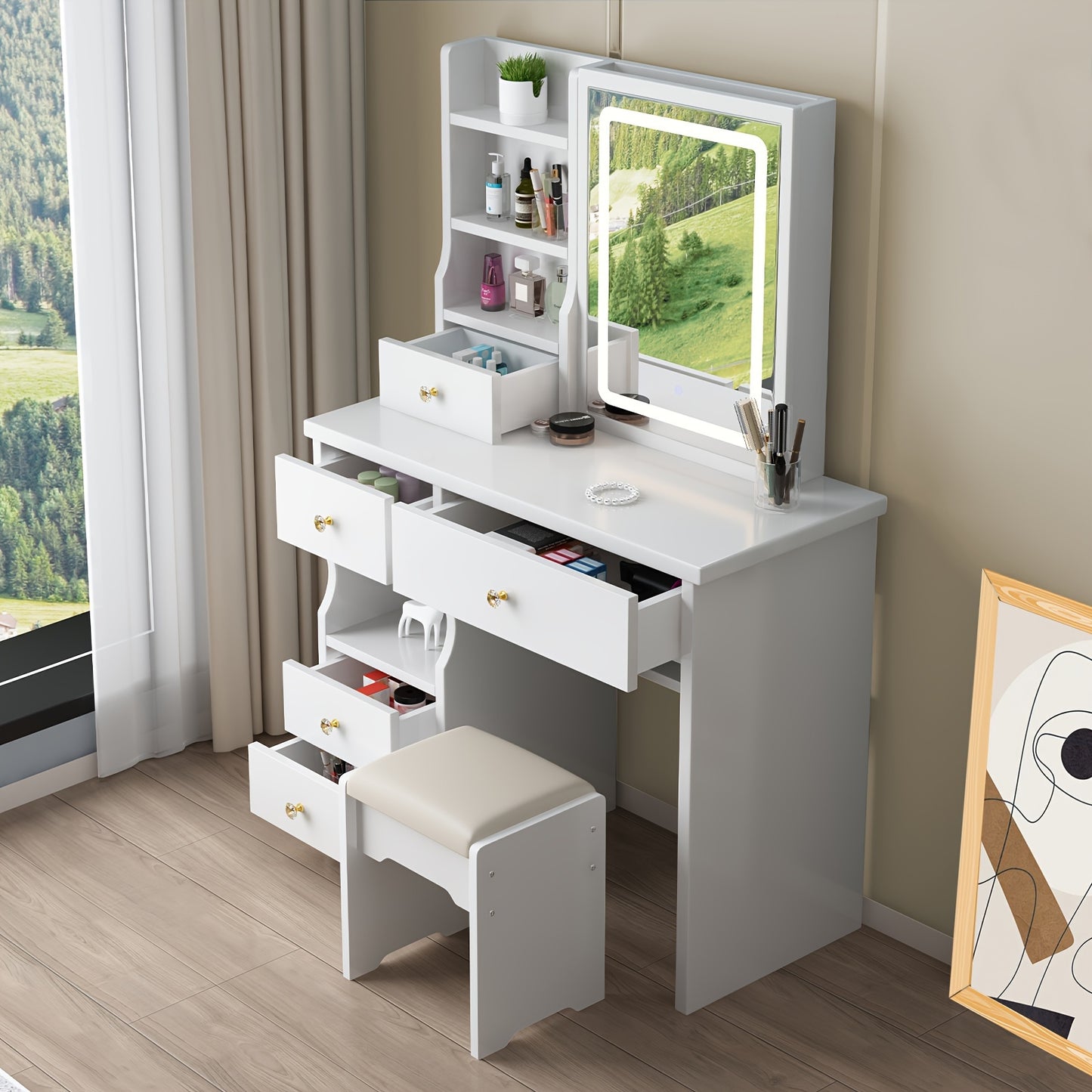 Vanity Desk, Makeup Vanity Desk with Mirror And Lights, Vanity Table Set with 5 Drawers, Stool And Open Shelves, 3 Light Settings Adjustable Brightness, White