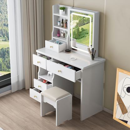 Vanity Desk, Makeup Vanity Desk with Mirror And Lights, Vanity Table Set with 5 Drawers, Stool And Open Shelves, 3 Light Settings Adjustable Brightness, White