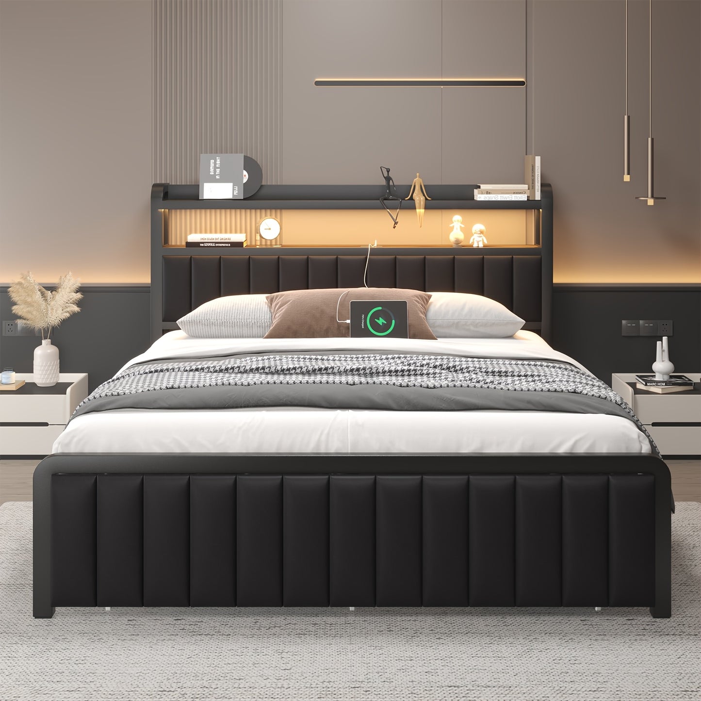Metal Platform Bed Frame with 2 - Tier Storage Headboard, Hidden Drawers & 12" Under - Bed Space, Full/Queen Size, Black