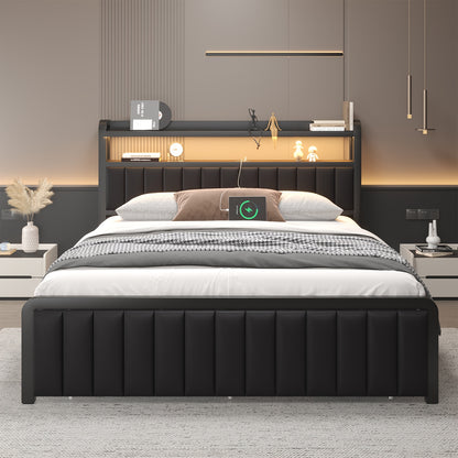 Metal Platform Bed Frame with 2 - Tier Storage Headboard, Hidden Drawers & 12" Under - Bed Space, Full/Queen Size, Black