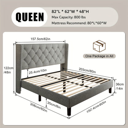 Modern Platform Bed Frame with 24-Inch Button-Tufted Headboard – Solid Wood Slats, Artistic Legs, Linen & Velvet, Dark Gray Light Grey Beige White Black, Full Queen King