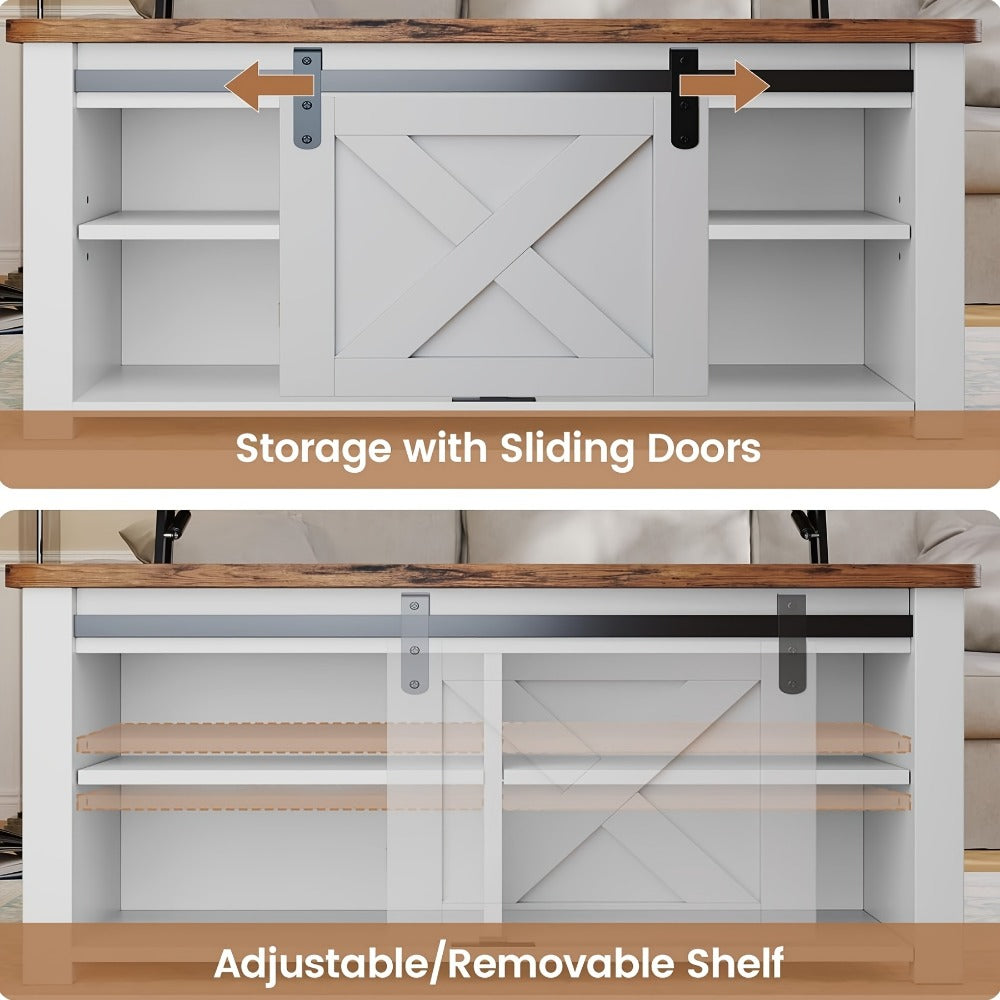 Square Lift Top Coffee Table with Hidden Storage – Farmhouse Design, Gas Strut Lift, Adjustable Shelves, 4 Open Compartments, Black/White/Grey/Blue