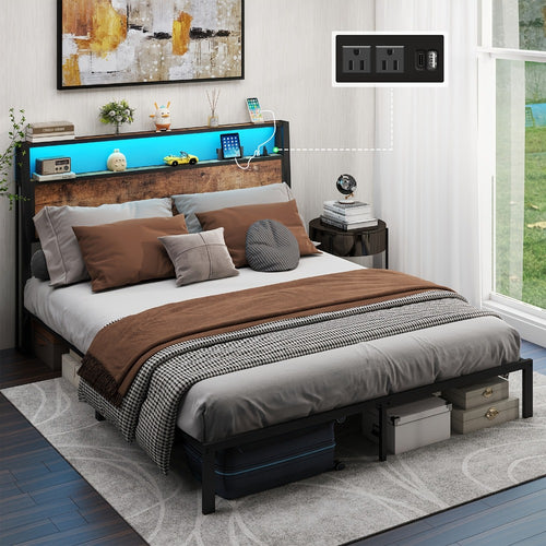 LED Bed Frame with Storage Headboard Charging Station 12 Color Lights Under Bed Storage No Box Spring Full Queen King