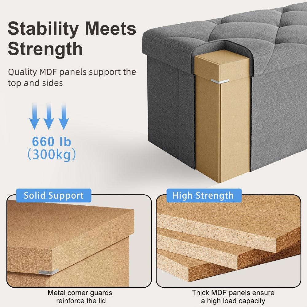 Folding Storage Ottoman Bench Multi-Purpose Heavy Duty Indoor Outdoor Seat, Easy-Clean Non-Porous Surface for Living Room Bedroom Patio Garden, 15 30 43 Inch Set Options Grey